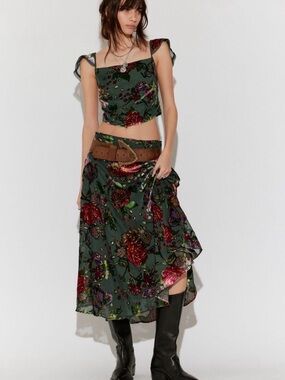Free People Electra Heart Green Chiffon and Crushed Velvet Top & Skirt Set